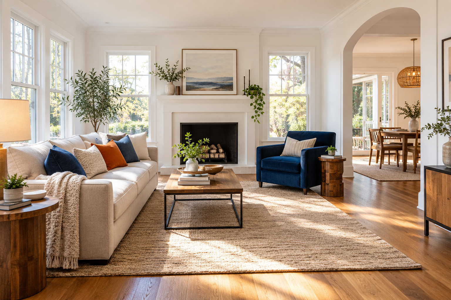 An inviting, bright living room with clean white walls and warm wood floors